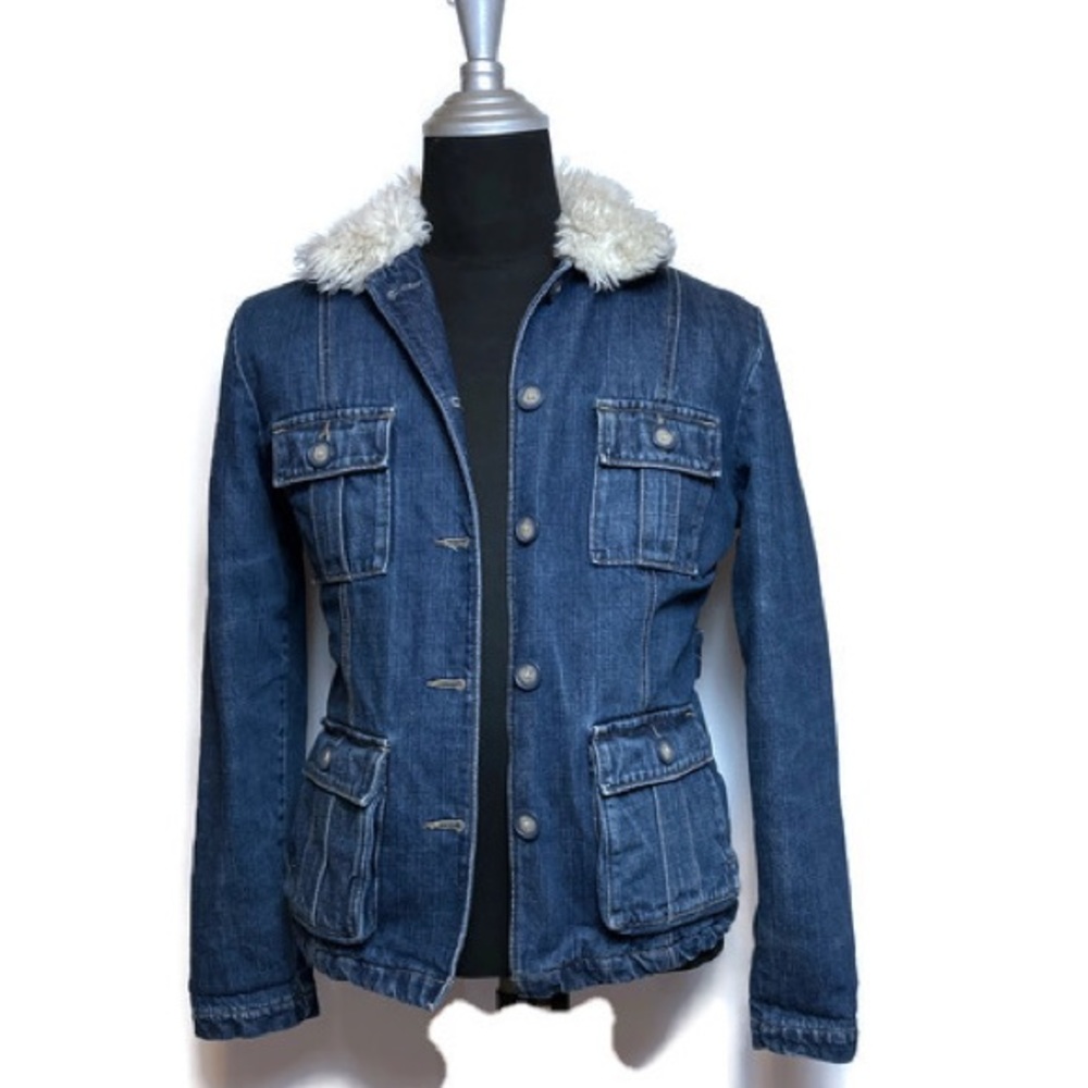 Vintage Roots Lined Jean Jacket with Faux Fur Collar Sz Small